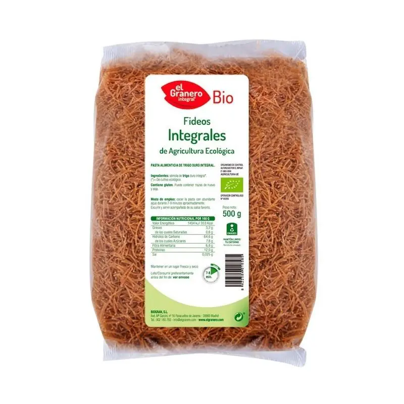 fideos integrales bio 500 gr el granero intregralherbolarioelbuho